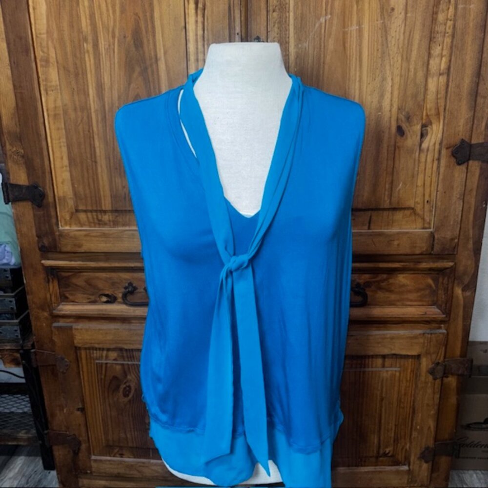 Ann Taylor Factory Blue Sleeveless Tie Neck Blouse XL Lightweight Career Top